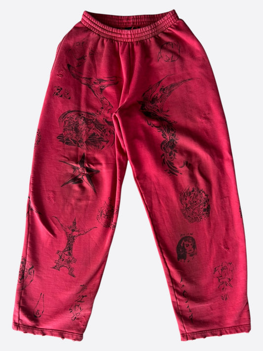 Balenciaga Red & Black Tattoo Print Oversized Sweatpants