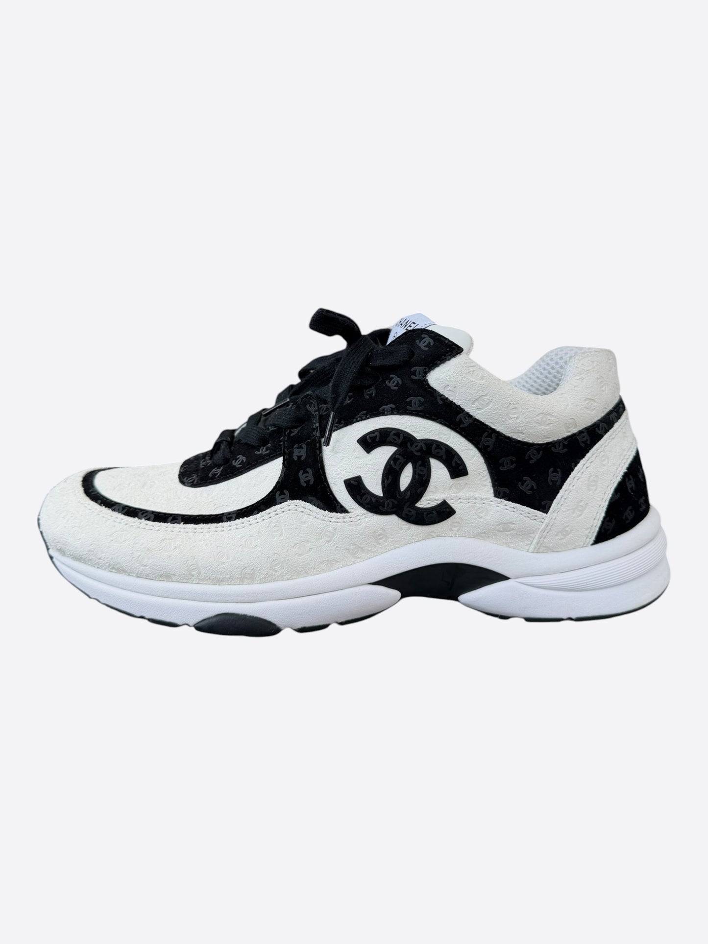 Chanel White & Black Embossed CC Logo Sneakers