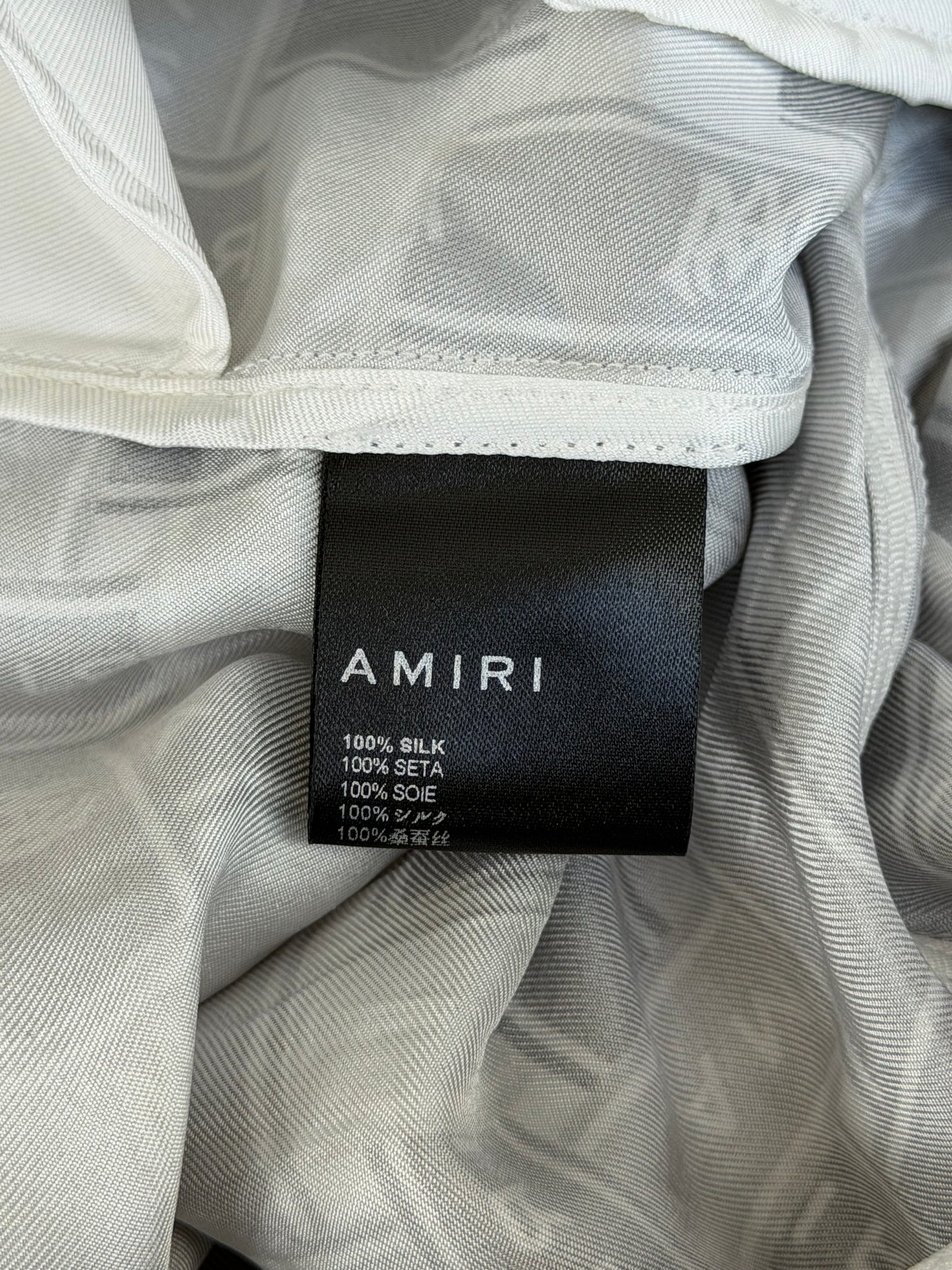 Amiri Grey & White Gradient Tape Logo Silk Shorts