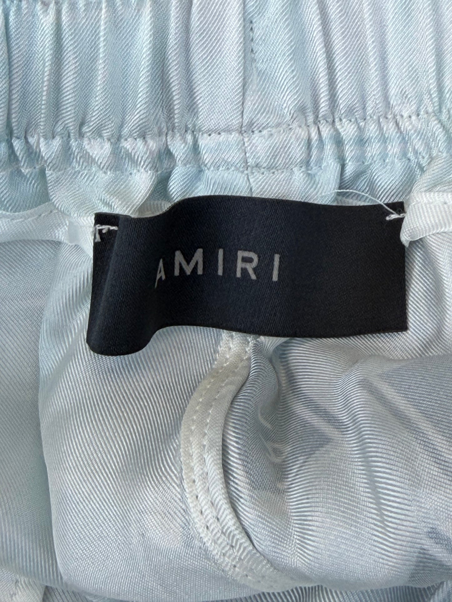 Amiri Blue & White Gradient Tape Logo Silk Shorts