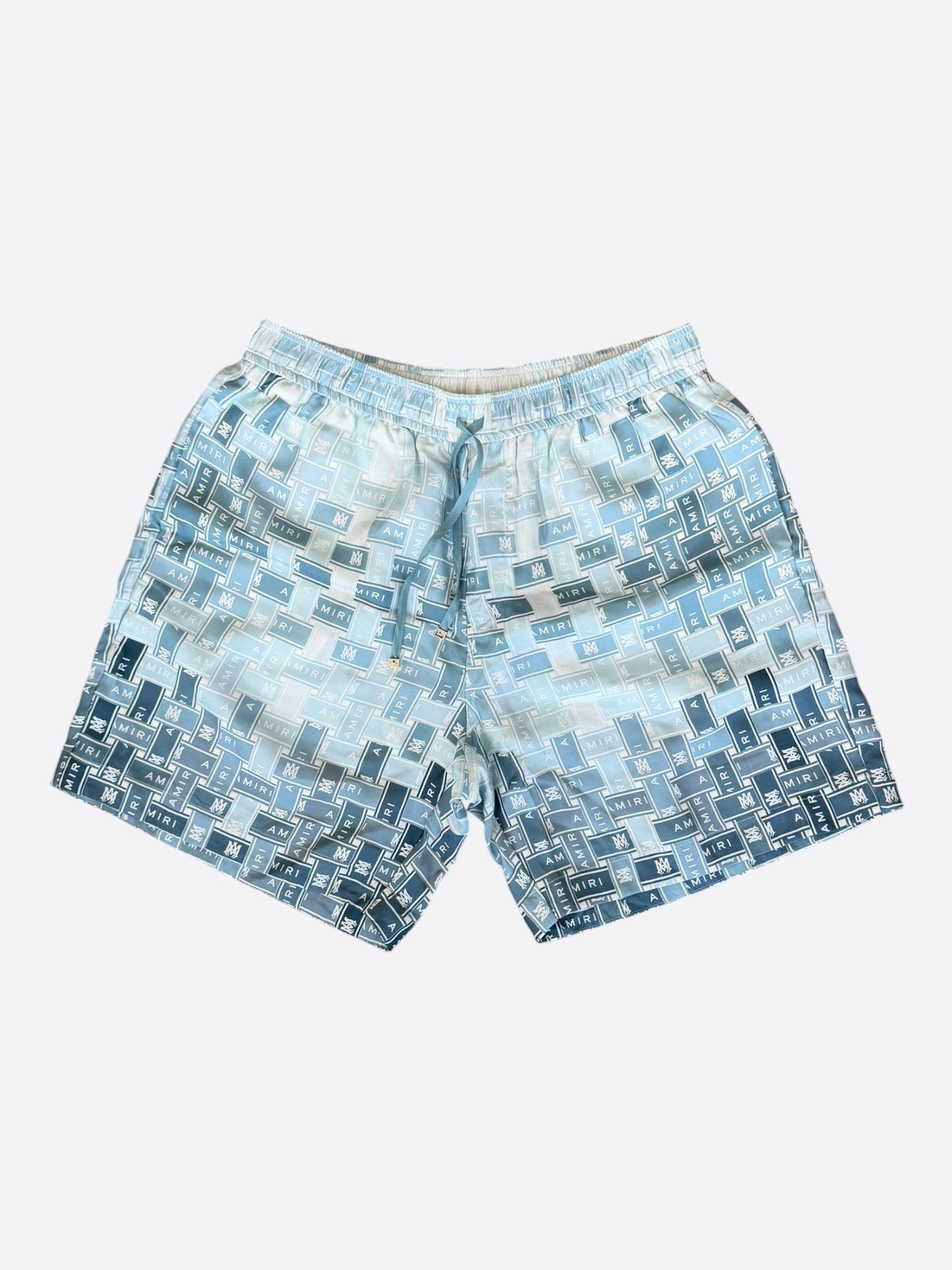 Amiri Blue & White Gradient Tape Logo Silk Shorts