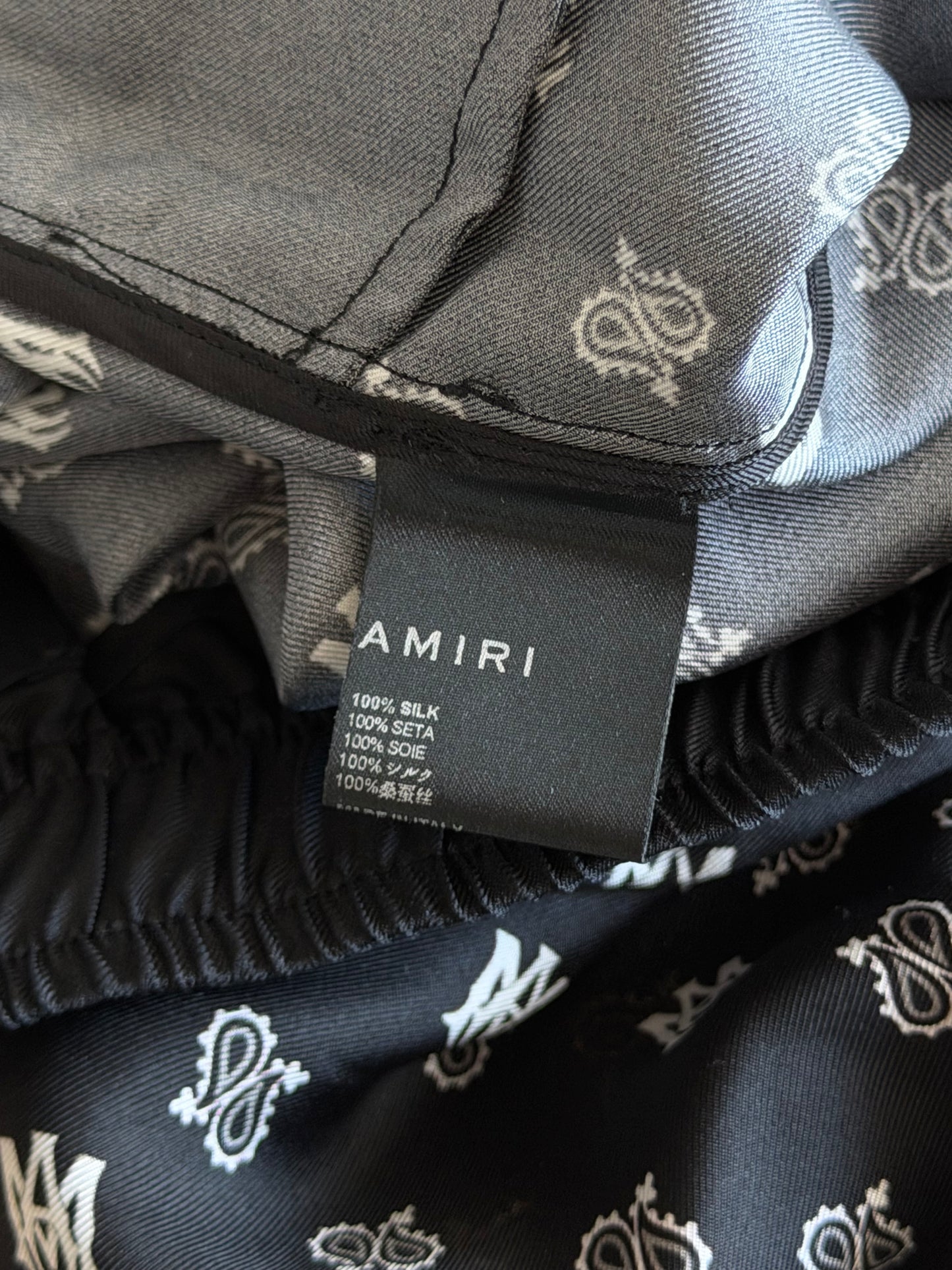 Amiri Black Paisley MA Logo Silk Shorts