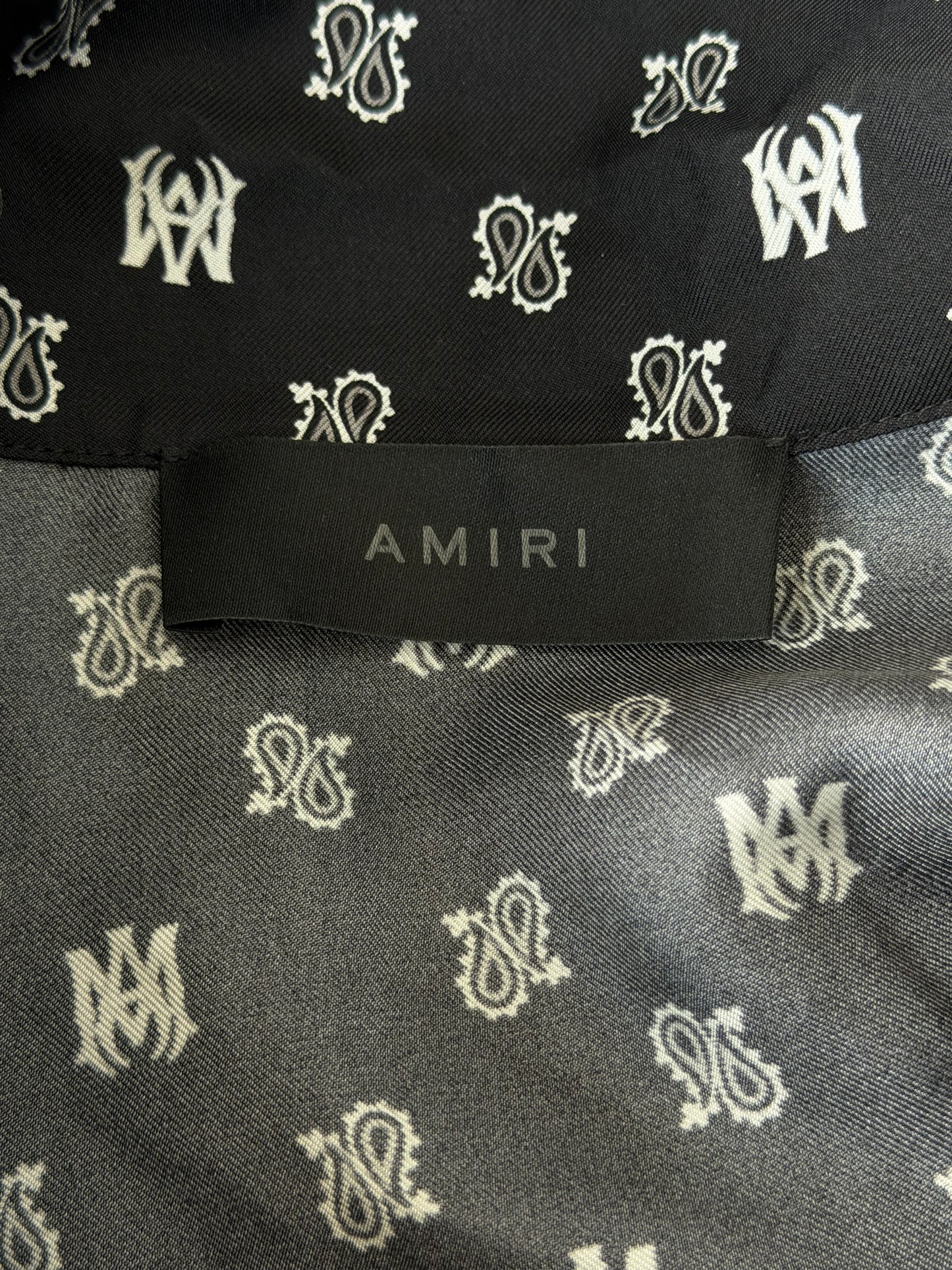 Amiri Black & White Paisley MA Logo Silk Button Up Short