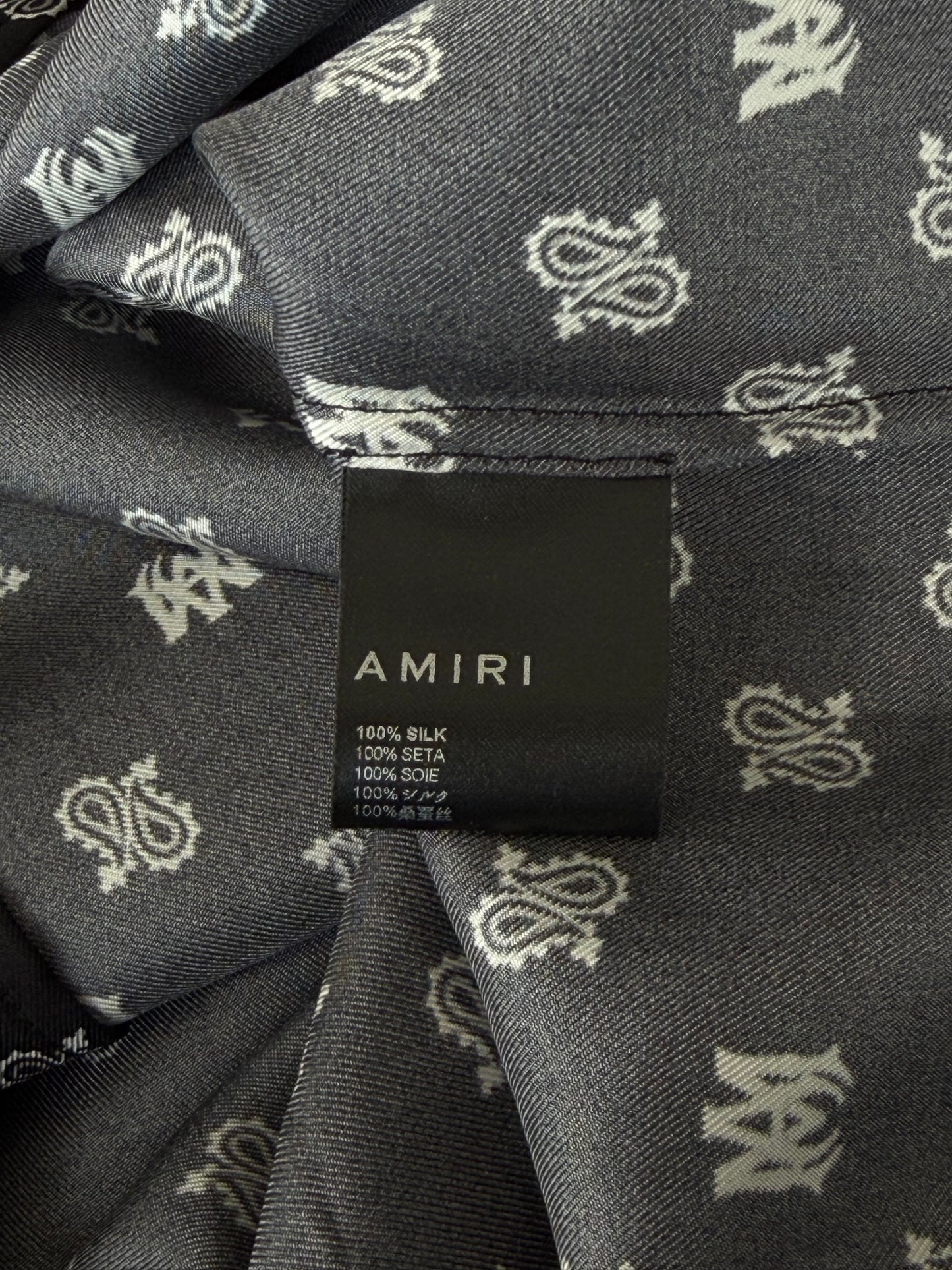 Amiri Black & White Paisley MA Logo Silk Button Up Short