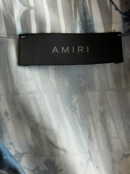 Amiri Blue Tie-Dye All Over Logo Silk Button Up Shirt