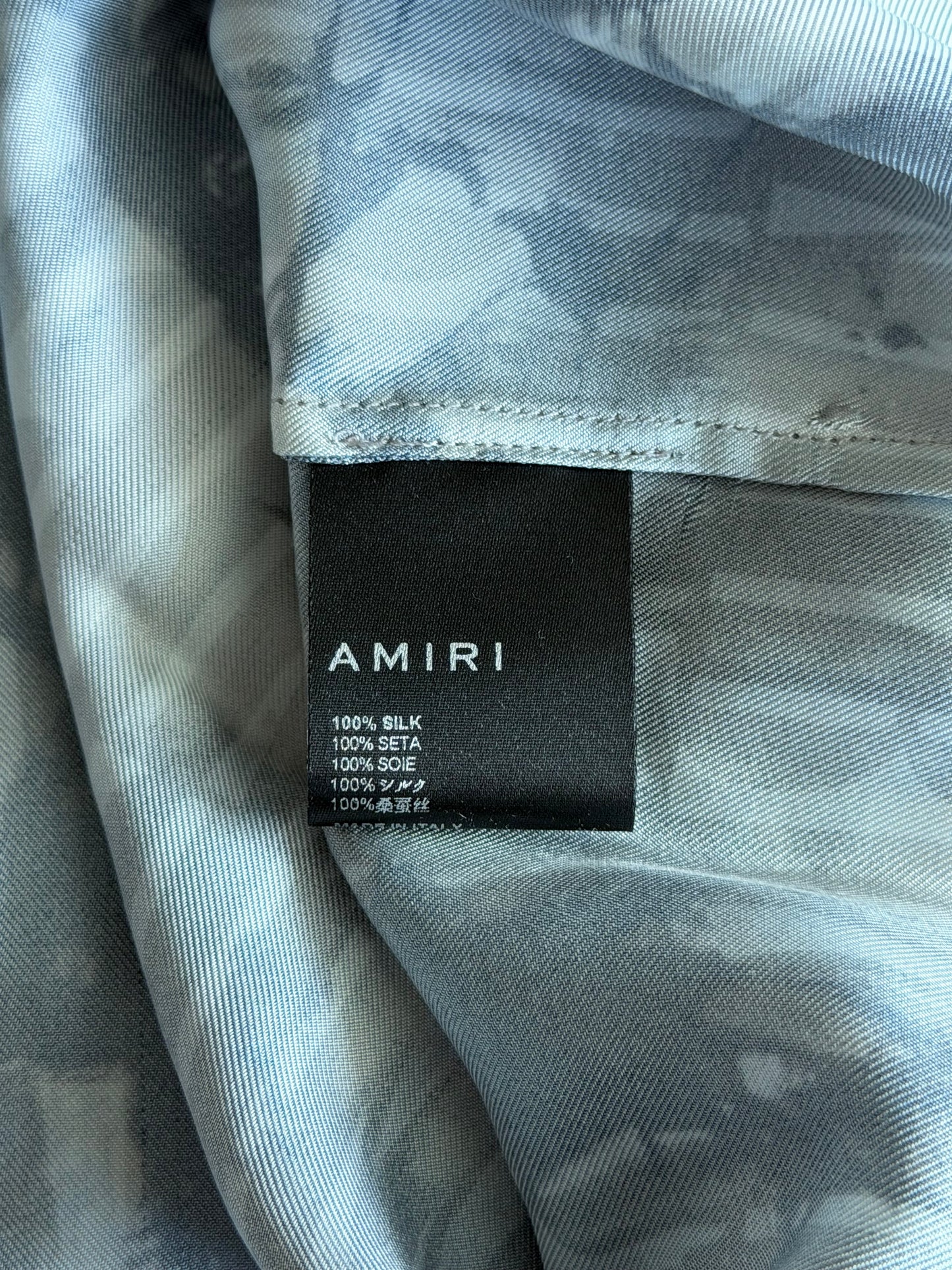 Amiri Blue Tie-Dye All Over Logo Silk Button Up Shirt