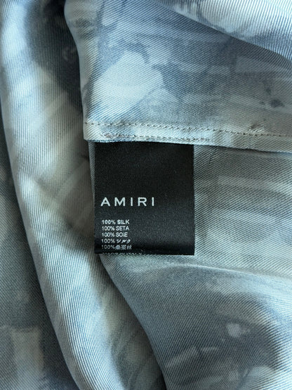 Amiri Blue Tie-Dye All Over Logo Silk Button Up Shirt
