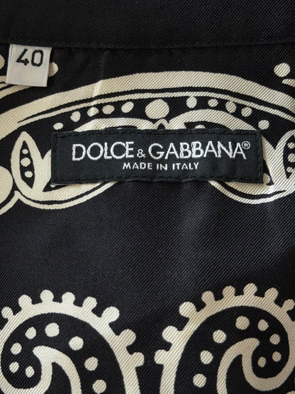 Dolce Gabbana Black & White Bandana Silk Button Up Short