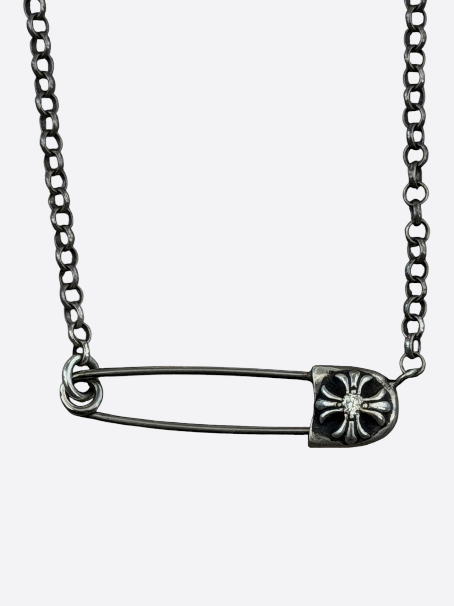 Chrome Hearts Silver & Diamond Safety Pin Roll Chain Necklace