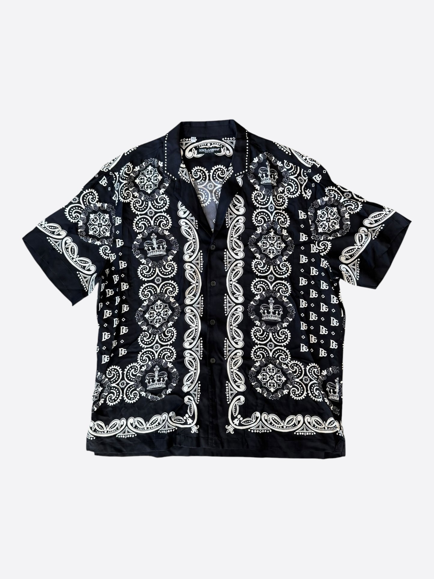 Dolce Gabbana Black & White Bandana Silk Button Up Short