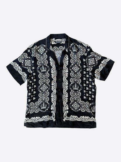 Dolce Gabbana Black & White Bandana Silk Button Up Short
