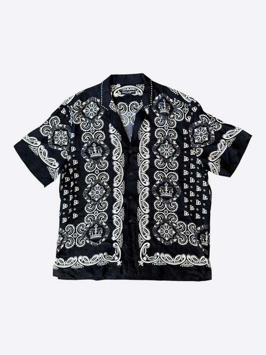 Dolce Gabbana Black & White Bandana Silk Button Up Short