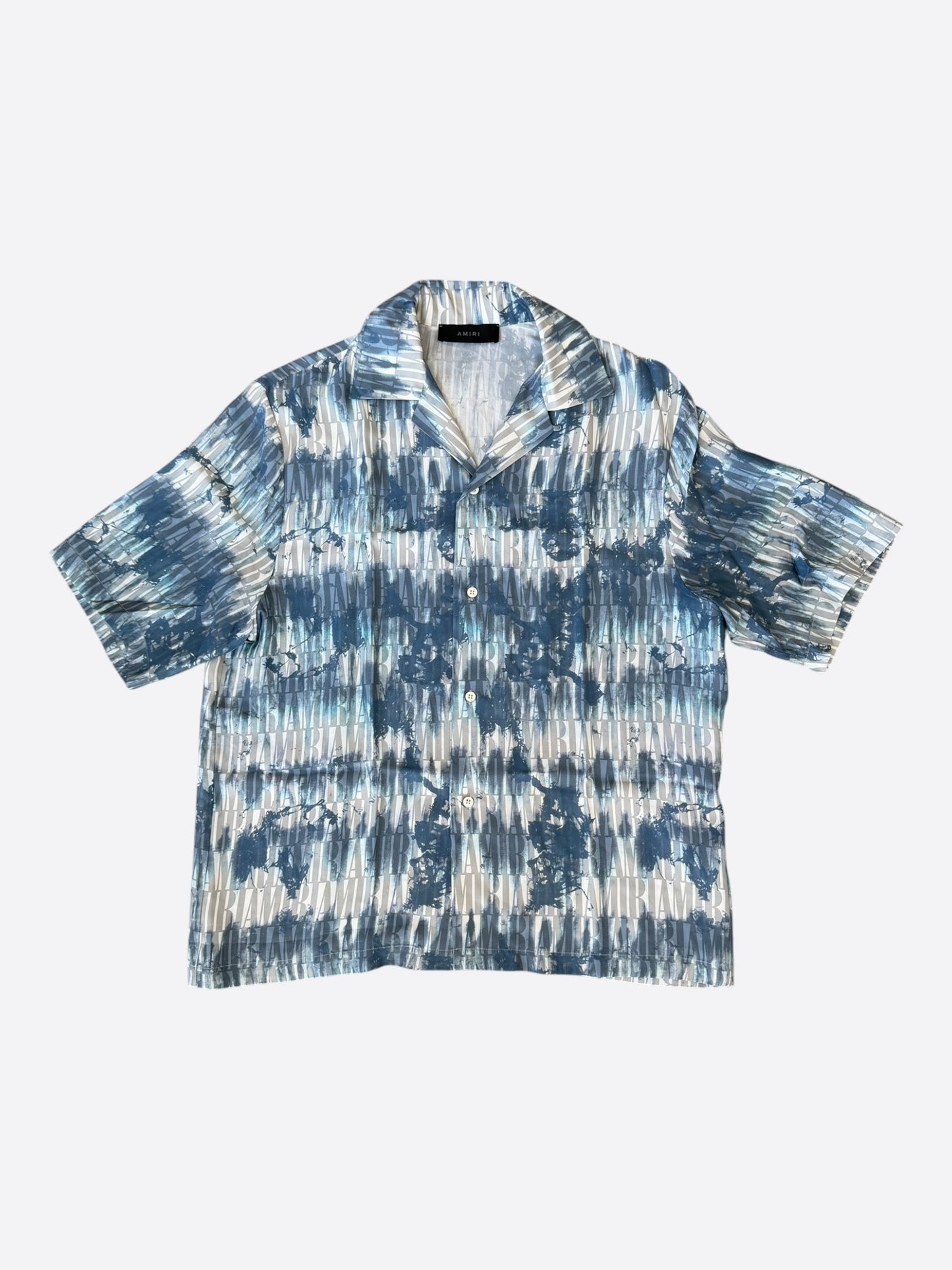Amiri Blue Tie-Dye All Over Logo Silk Button Up Shirt