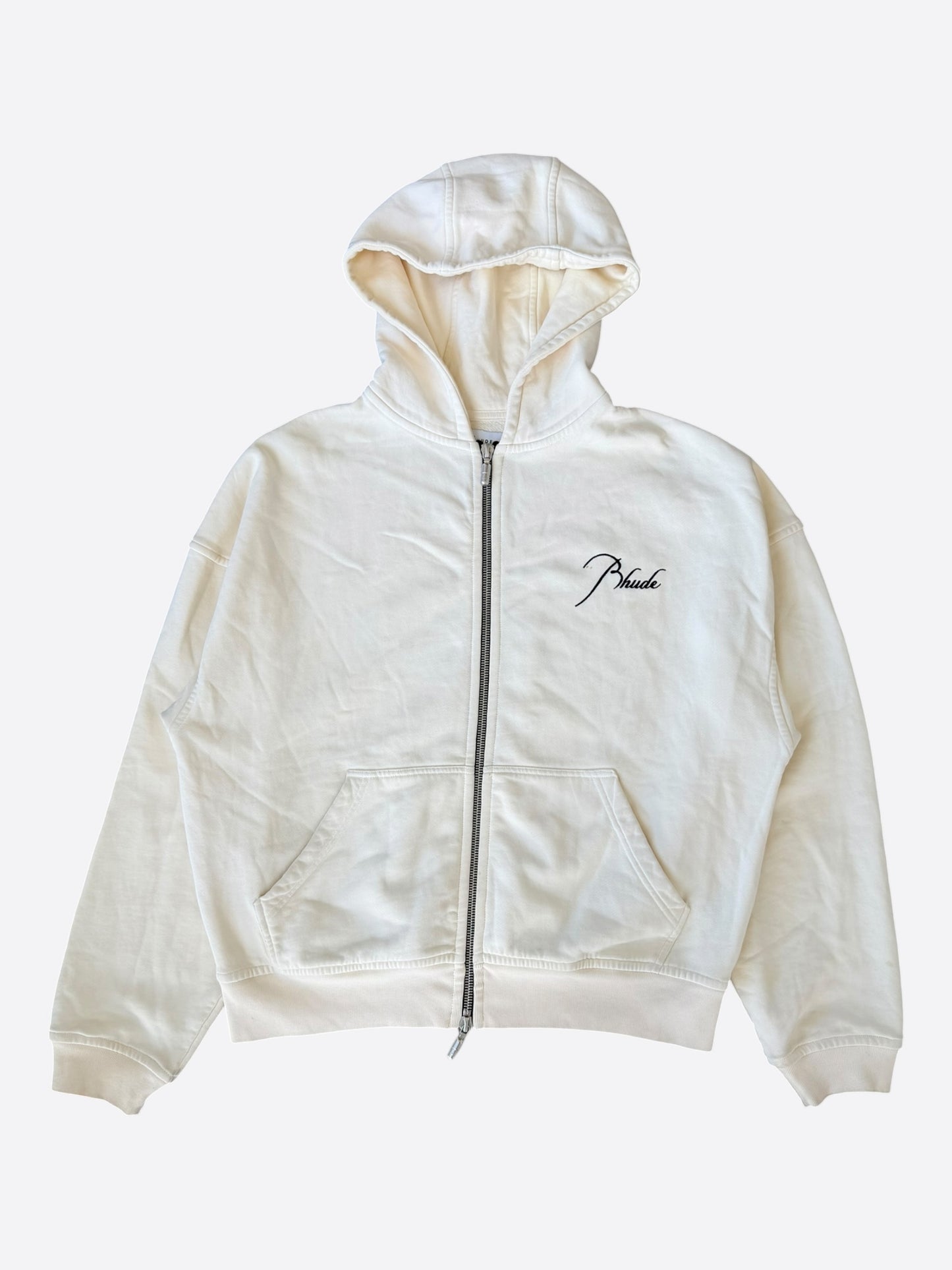 Rhude Vintage White & Black Script Logo Zip Up Hoodie