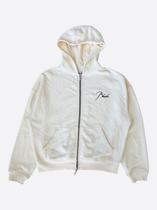 Rhude Vintage White & Black Script Logo Zip Up Hoodie