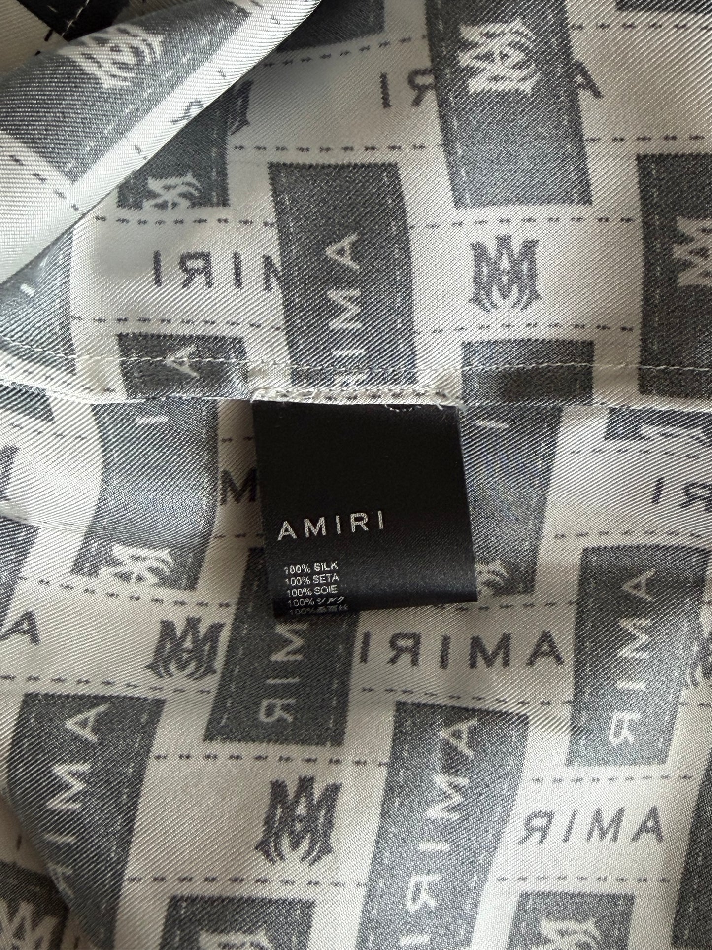 Amiri White & Black Tape Logo Silk Button Up Shirt