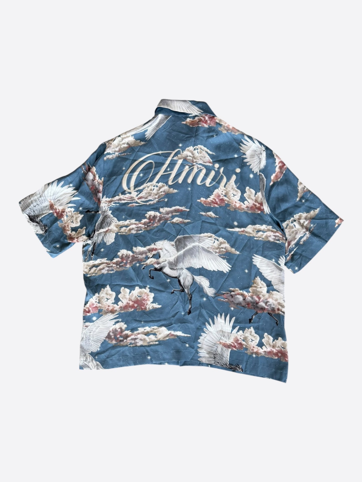 Amiri Blue Pegasus Graphic Silk Button Up Shirt