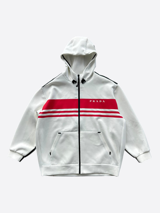 Prada White & Red Logo Zip Up Hoodie