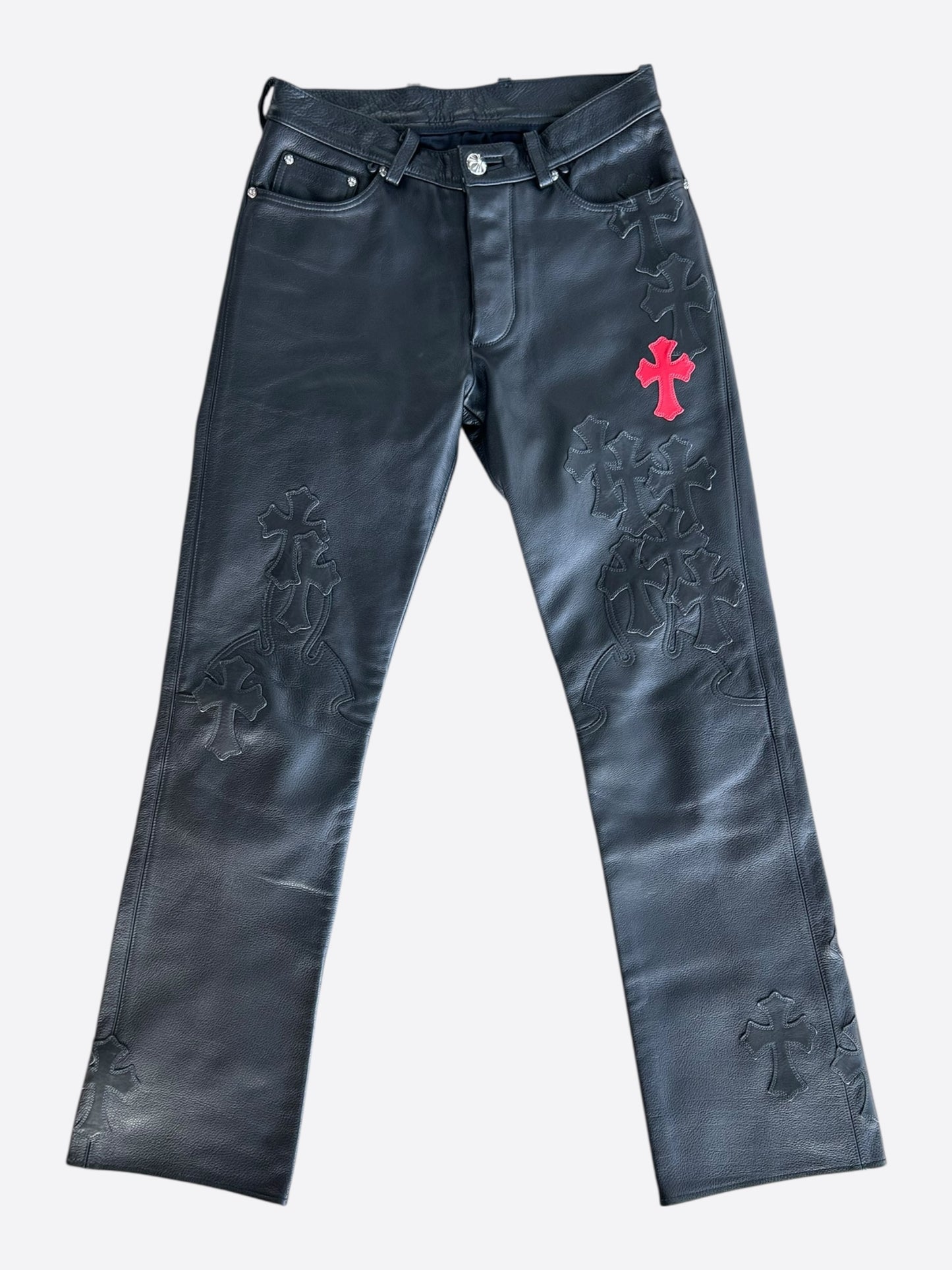 Chrome Hearts Black & Red Leather Cross Patch Fleur Knee Jeans