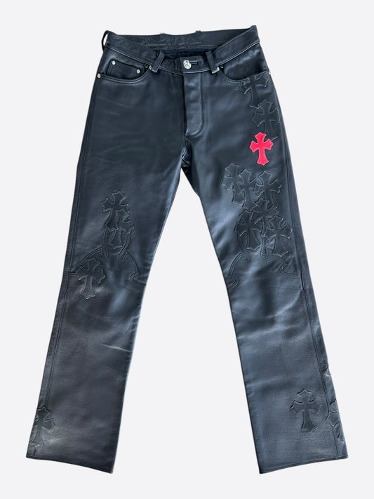 Chrome Hearts Black & Red Leather Cross Patch Fleur Knee Jeans