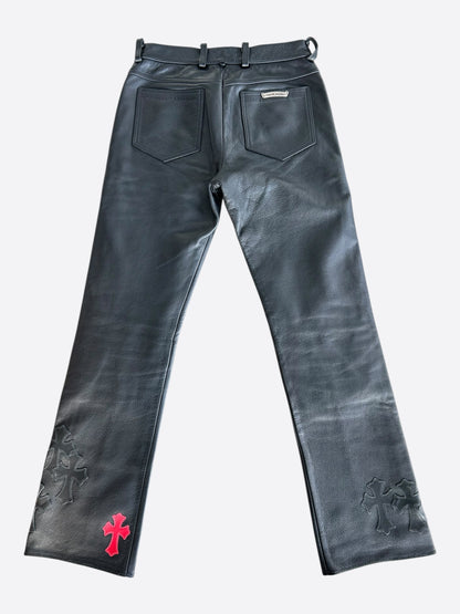 Chrome Hearts Black & Red Leather Cross Patch Fleur Knee Jeans
