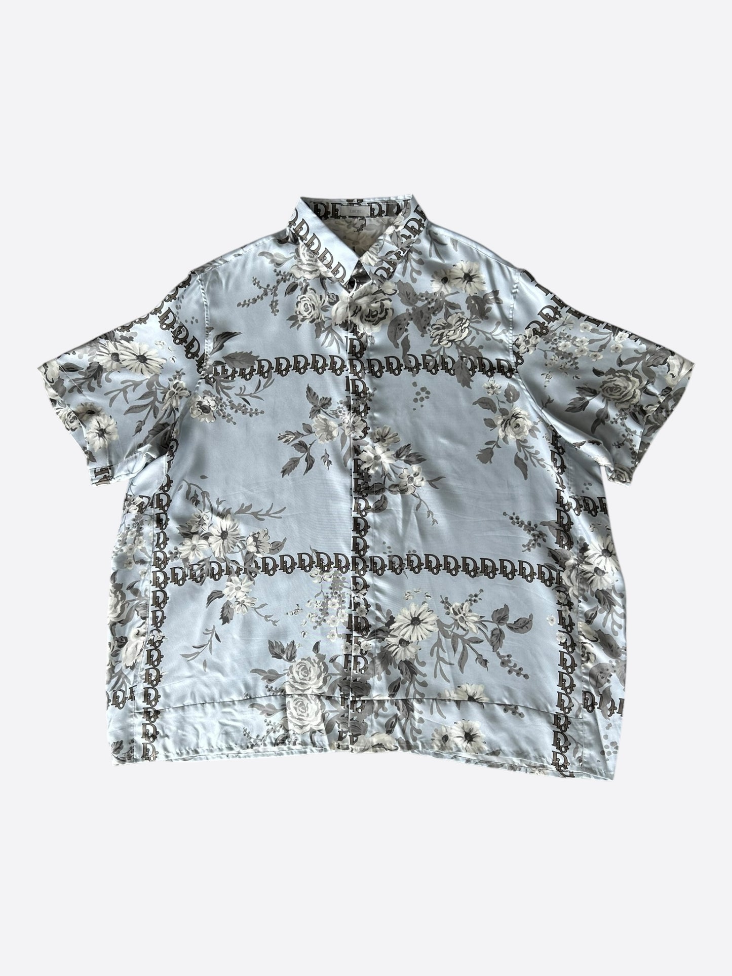 Dior Blue Floral Oblique Silk Button Up Shirt