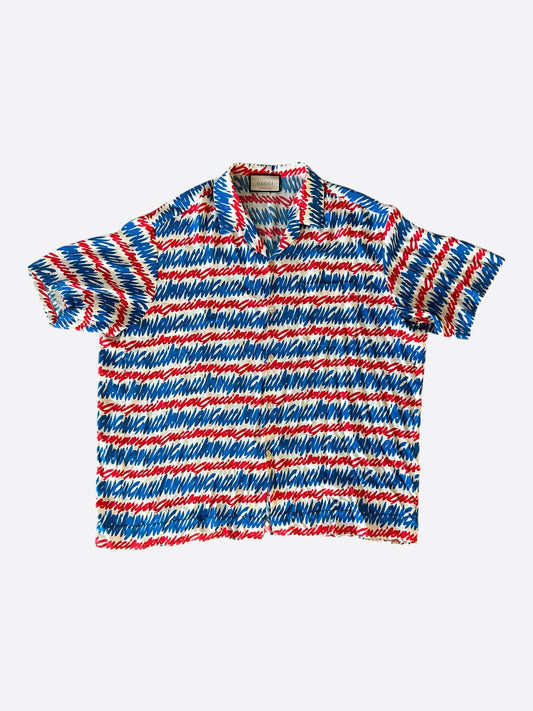 Gucci Blue & Red Love You Silk Button Up Shirt