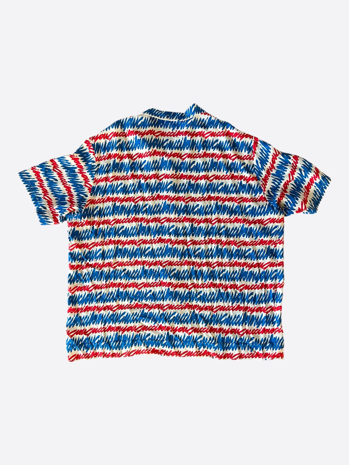 Gucci Blue & Red Love You Silk Button Up Shirt