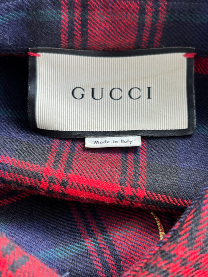 Gucci Red & Navy Plaid Dragon Embroidered Flannel Shirt