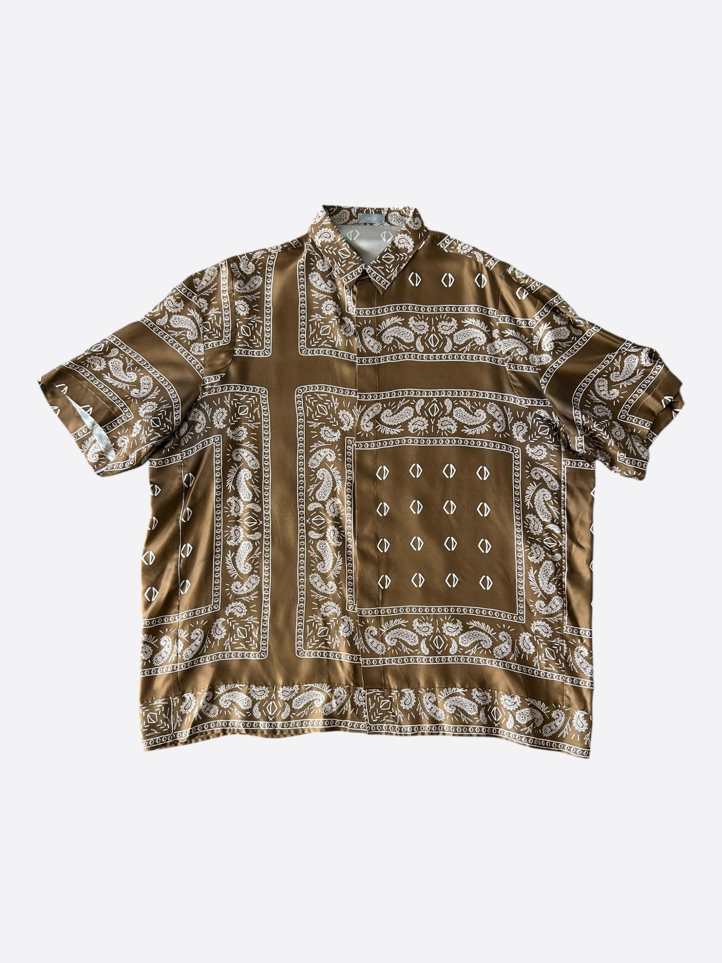 Dior Cactus Jack Brown & White Diamond Bandana Print Silk Button Up Shirt