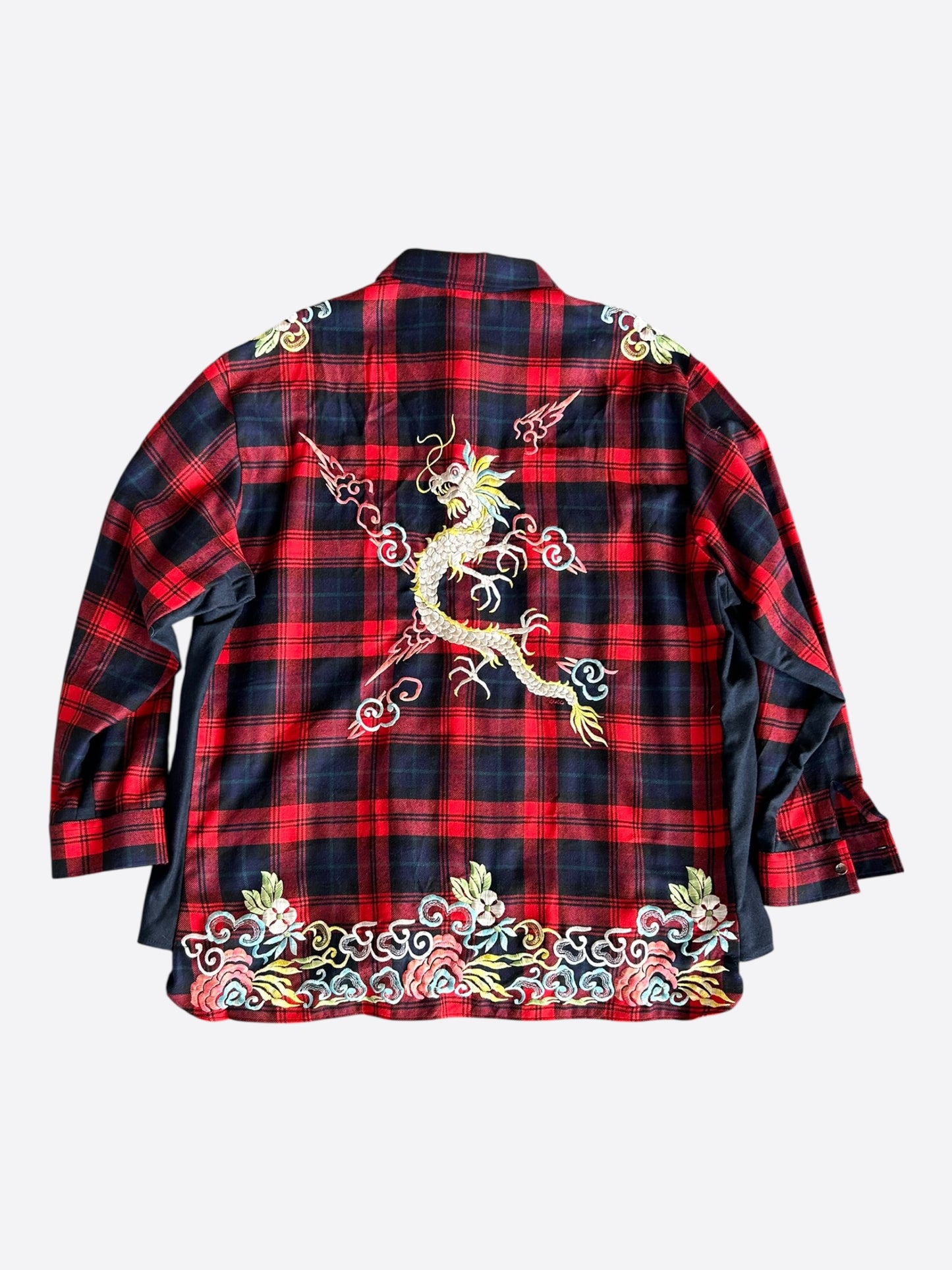 Gucci Red & Navy Plaid Dragon Embroidered Flannel Shirt