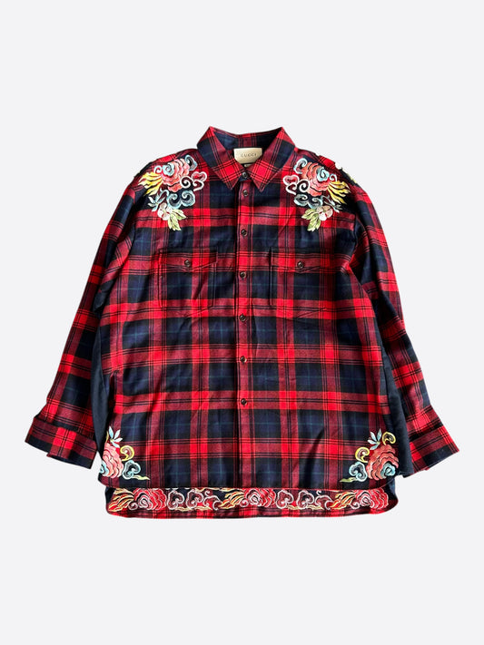 Gucci Red & Navy Plaid Dragon Embroidered Flannel Shirt
