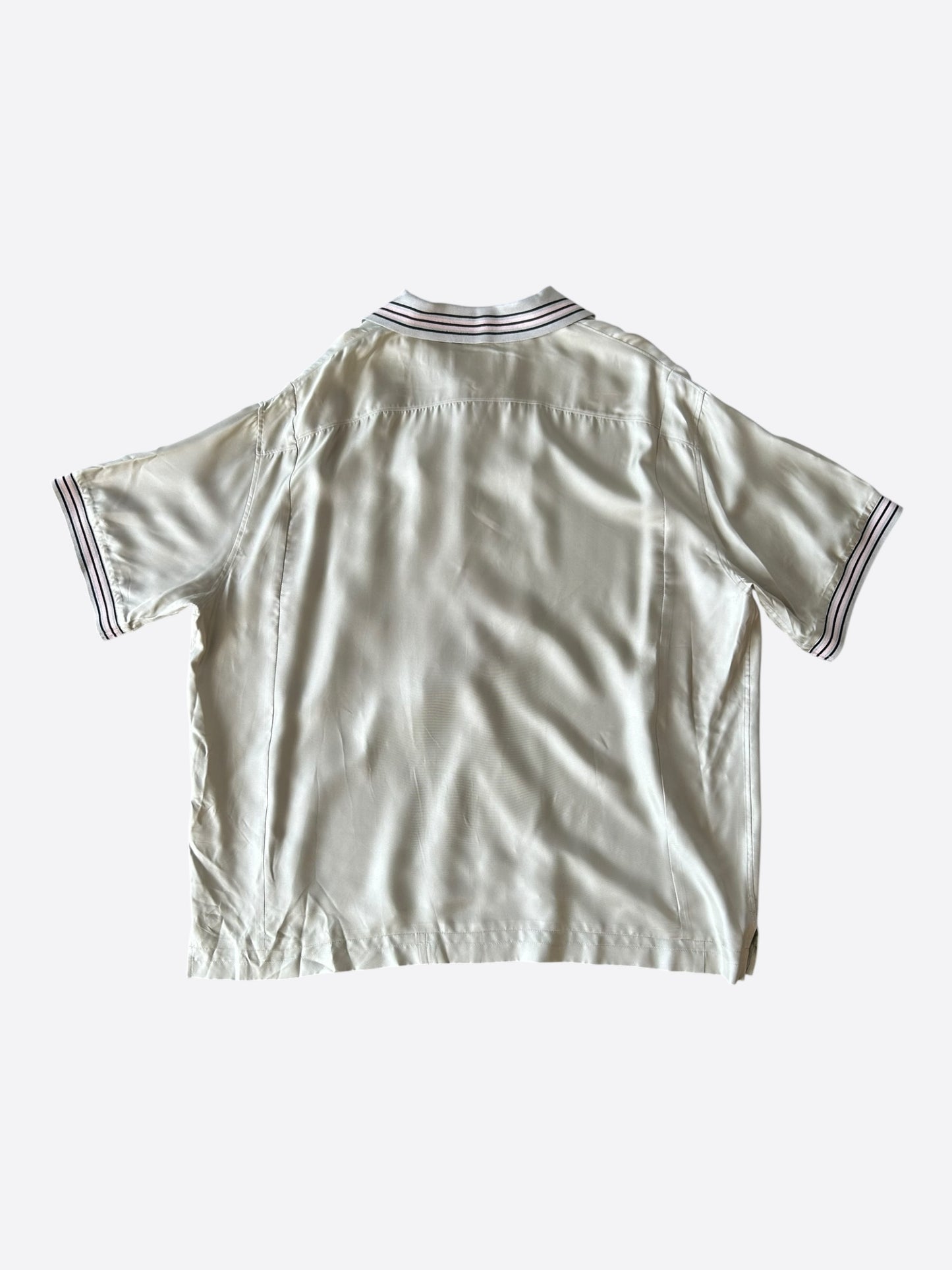 Prada Beige & Black Striped Logo Silk Button Up Shirt