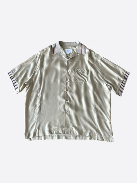 Prada Beige & Black Striped Logo Silk Button Up Shirt
