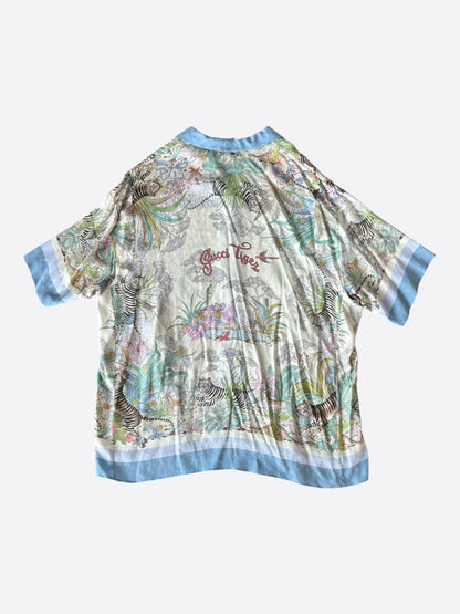 Gucci Blue & Multicolor Monogram Tiger Button Up Shirt