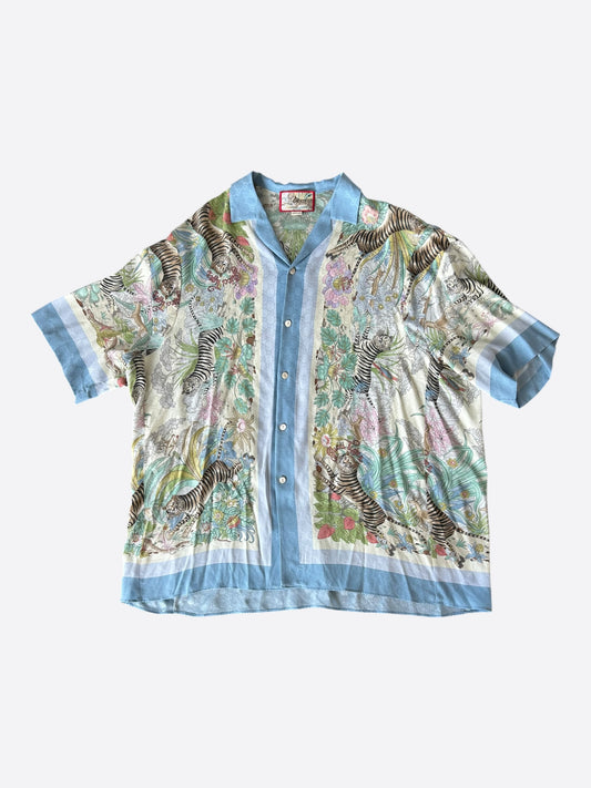 Gucci Blue & Multicolor Monogram Tiger Button Up Shirt