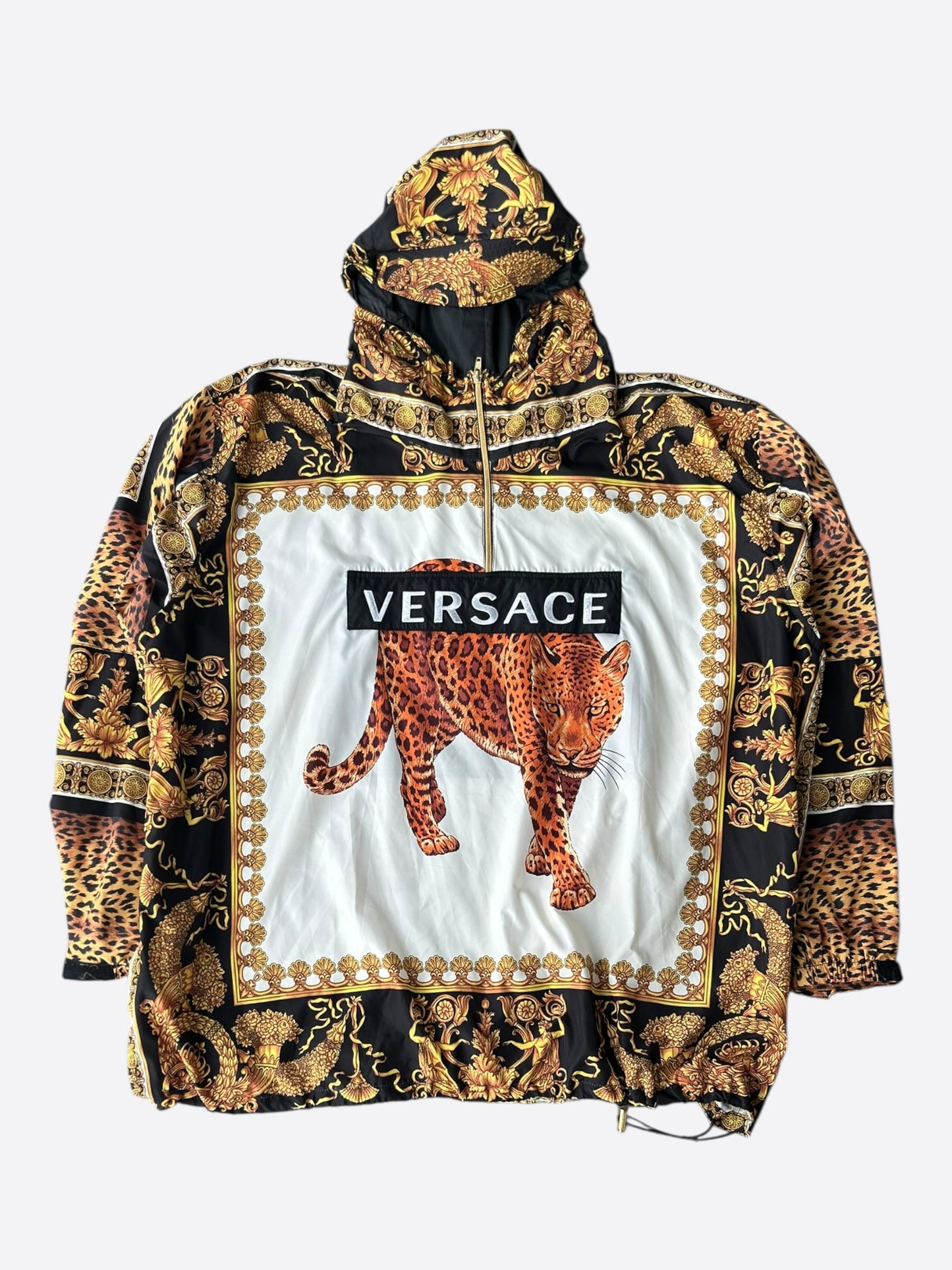 Versace Black & Gold Baroque Wild Cat Anorak Jacket