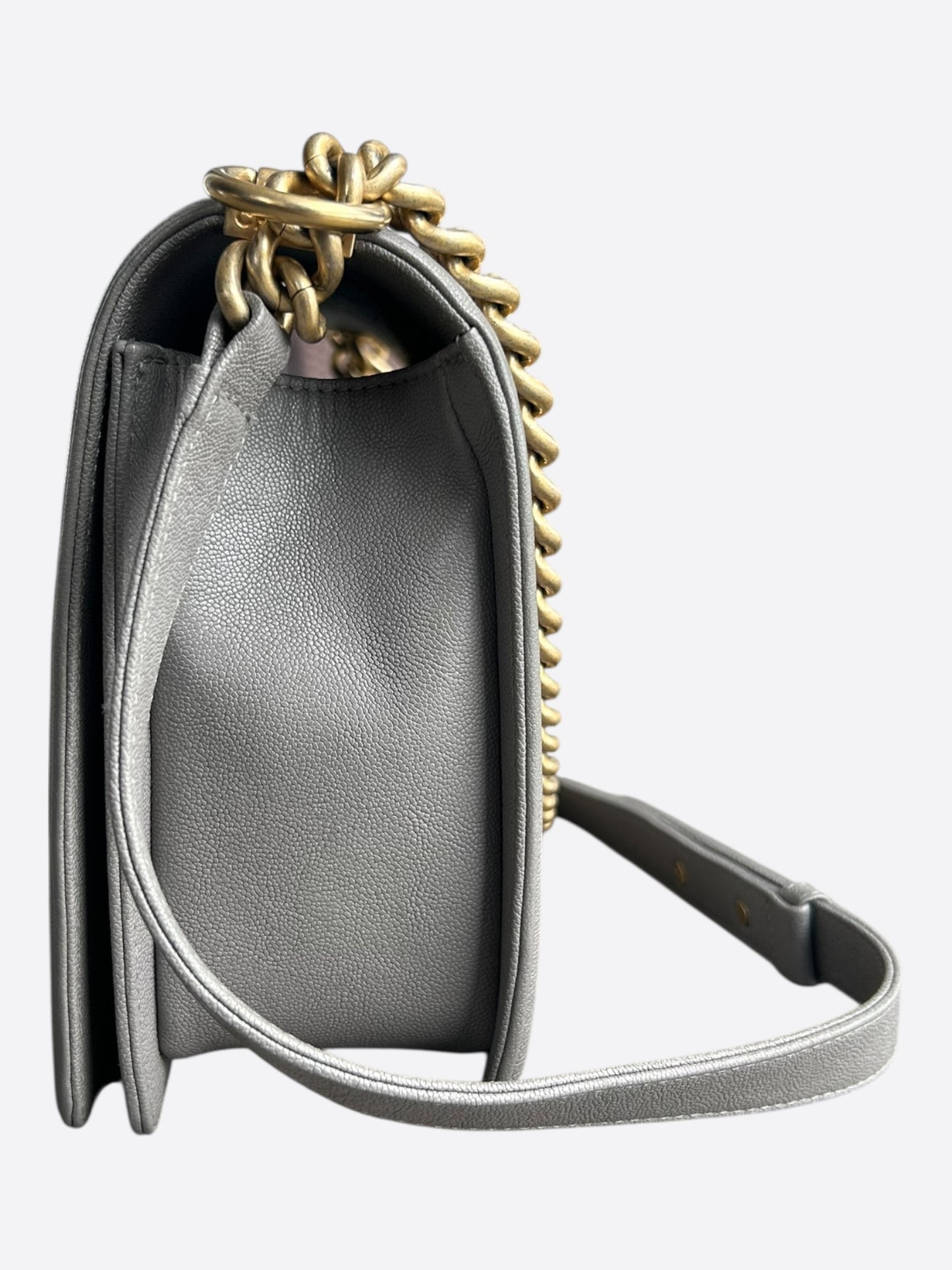 Chanel Light Grey Quilted Caviar Large Boy Bag