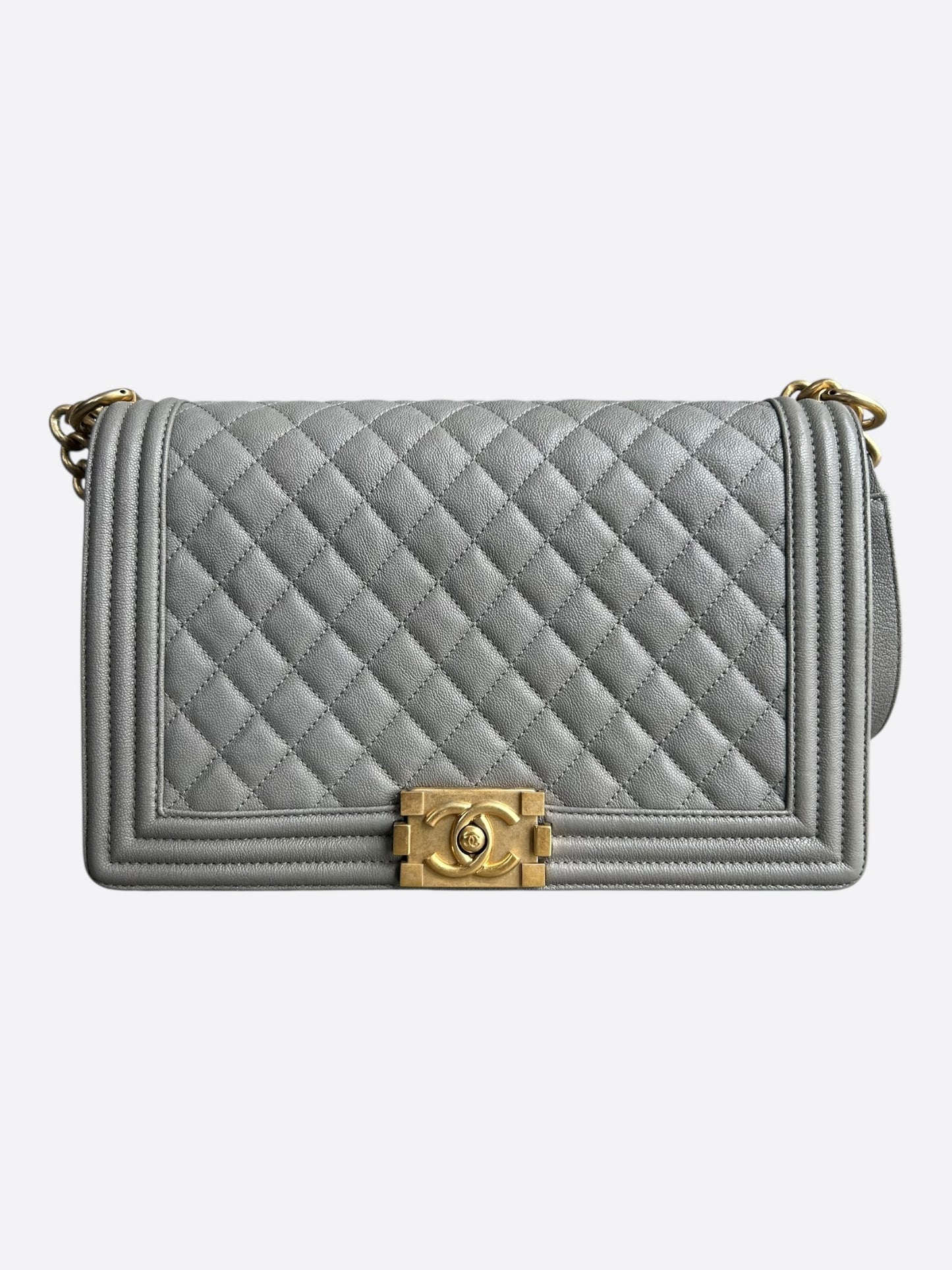 Chanel Light Grey Quilted Caviar Large Boy Bag