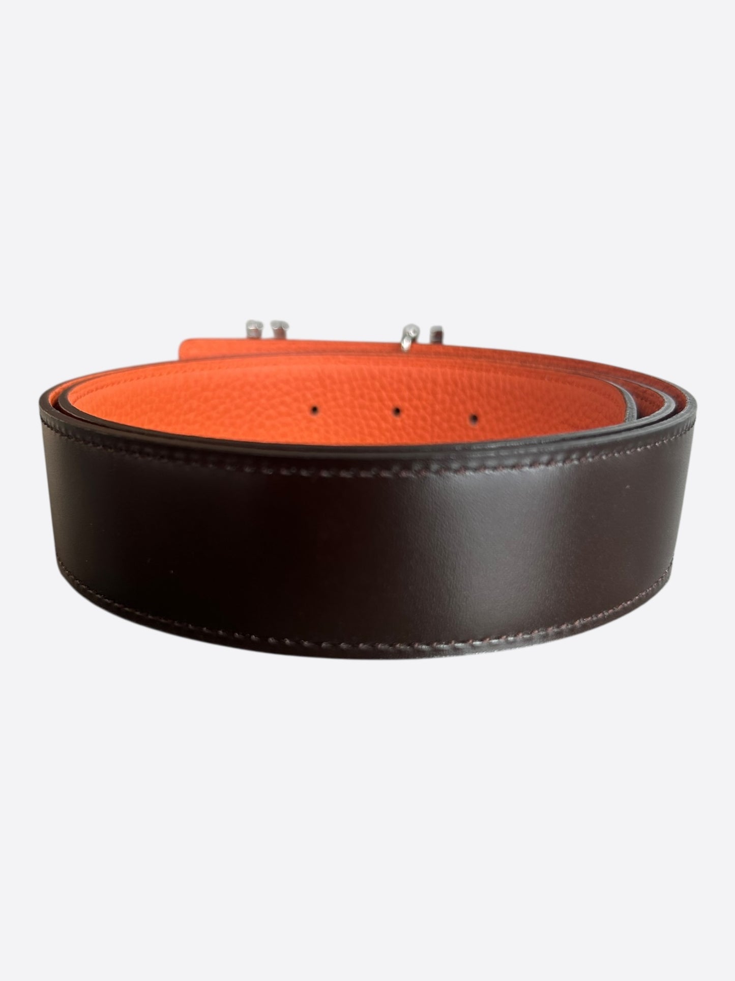 Hermes Dark Brown & Orange Palladium Reversible H au Carré Belt