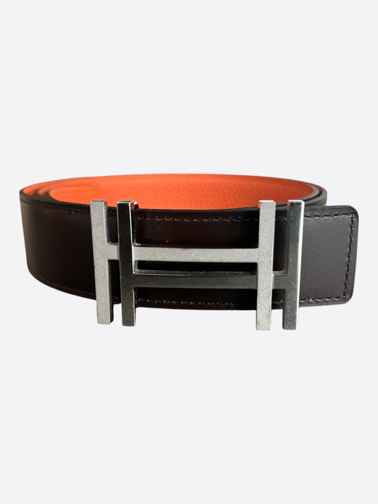 Hermes Dark Brown & Orange Palladium Reversible H au Carré Belt