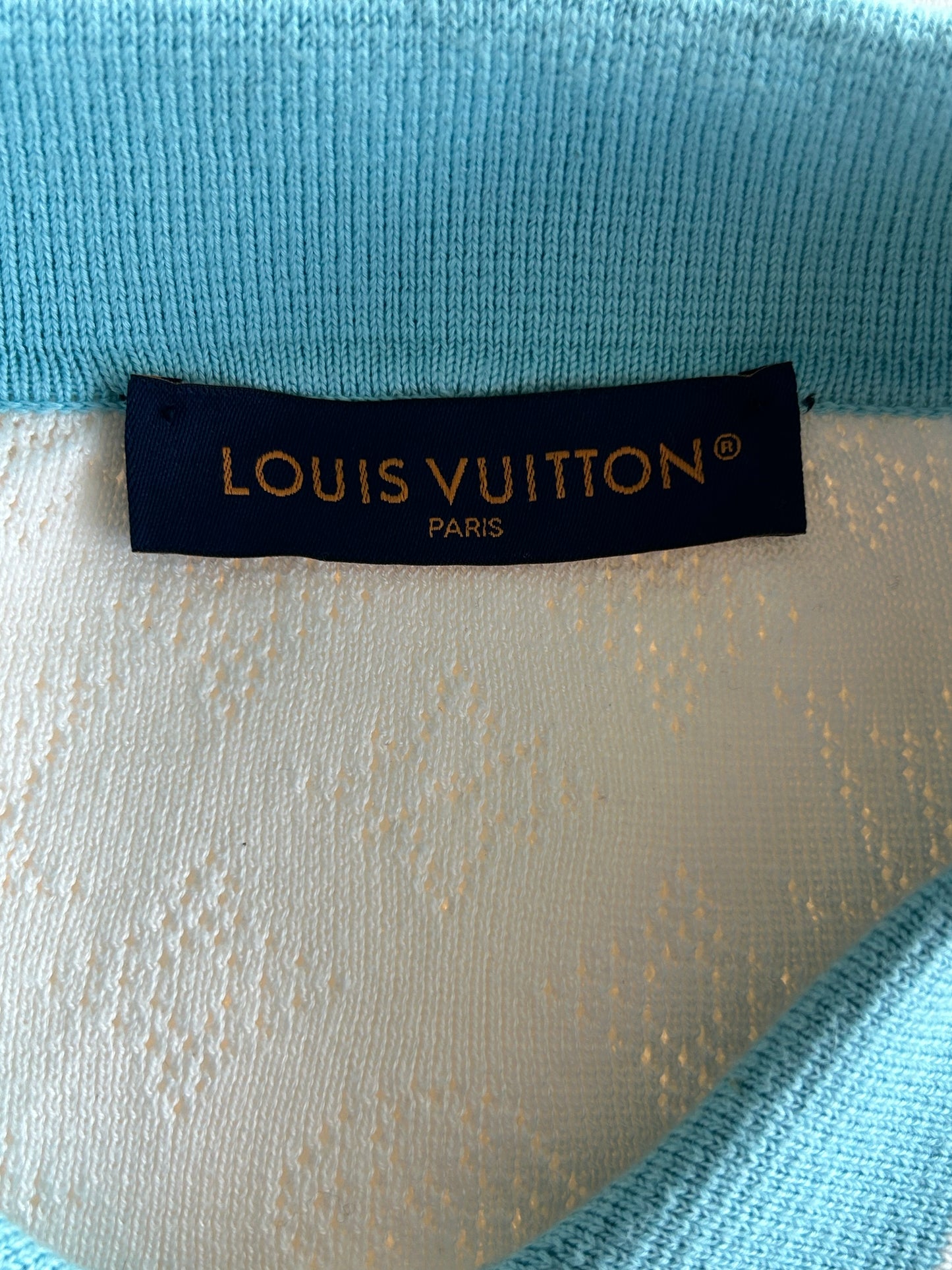 Louis Vuitton White & Blue Perforated Monogram Knit Polo T-Shirt