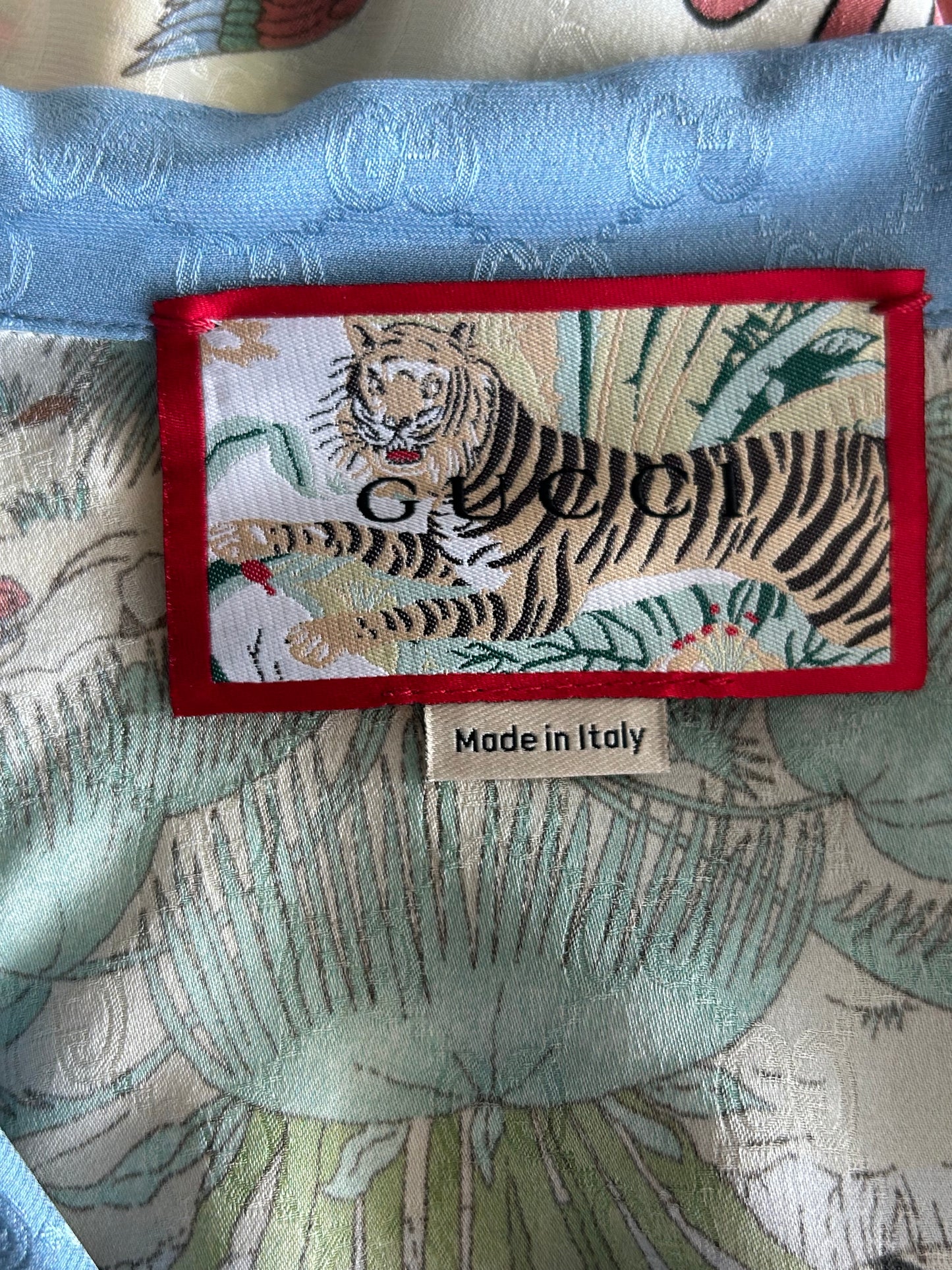 Gucci Blue & Multicolor Monogram Tiger Button Up Shirt