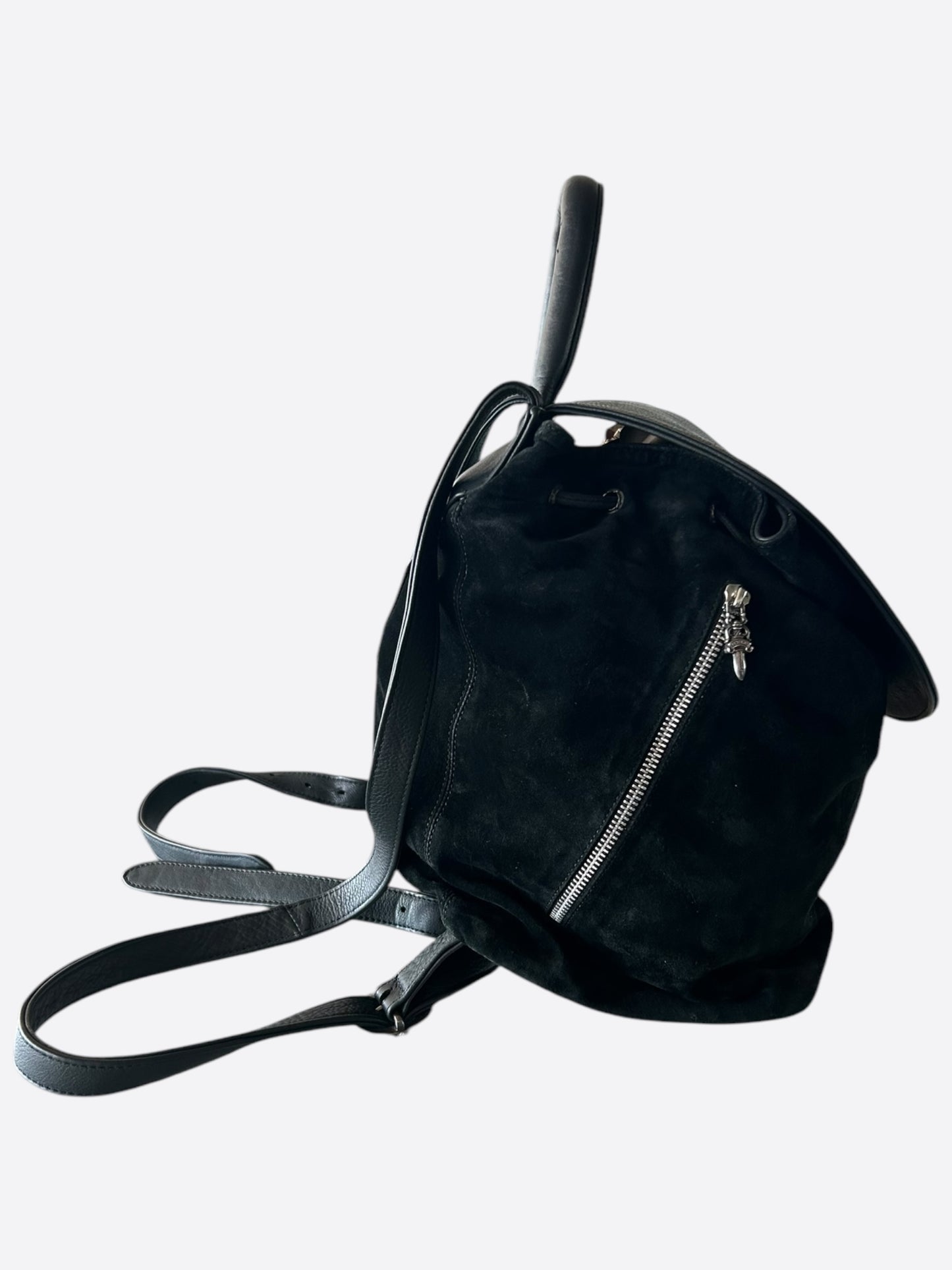 Chrome Hearts Black Leather & Suede Bucket Backpack