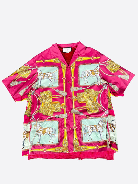 Gucci Pink & Multicolor Equestrian Graphic Button Up Shirt