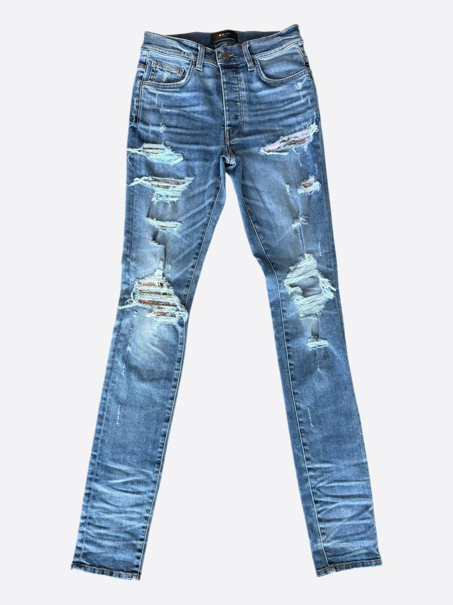 Amiri Clay Indigo Rainbow Bandana Patch Distressed Jeans