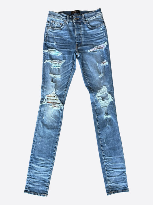 Amiri Clay Indigo Rainbow Bandana Patch Distressed Jeans