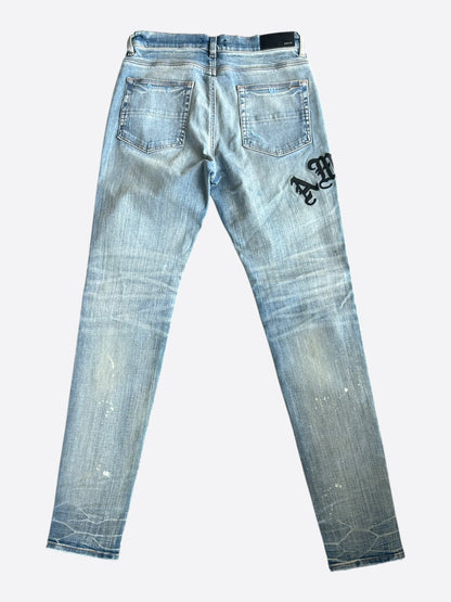Amiri Clay Indigo & Black English Logo Distressed Jeans