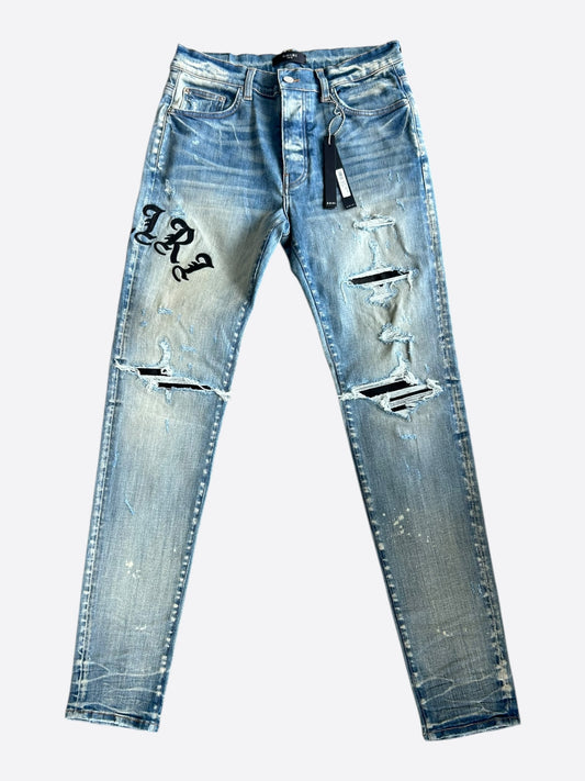 Amiri Clay Indigo & Black English Logo Distressed Jeans