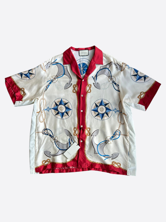 Gucci Beige & Red Nautical Graphic Button Up Shirt